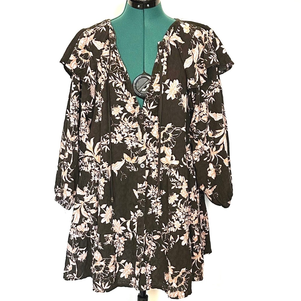 Free People Dress Womens XS Black Pink Floral Boho Peasant Tunic Crinkle Mini‎